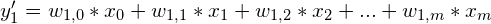 y_1' = w_{1, 0}*x_0 + w_{1, 1}*x_1 + w_{1, 2}*x_2 + ... + w_{1, m}*x_m